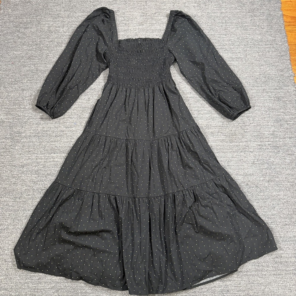 Madewell Lucie Tiered Midi Dress Women Large Black Polka Dot Puff Sleeve Smocked